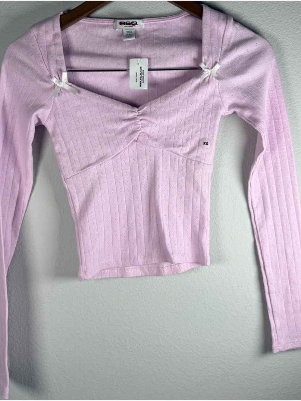 RSQ Pale Pink Long-Sleeve Ribbed Sweetheart Top with Bows - Picture 1 of 5